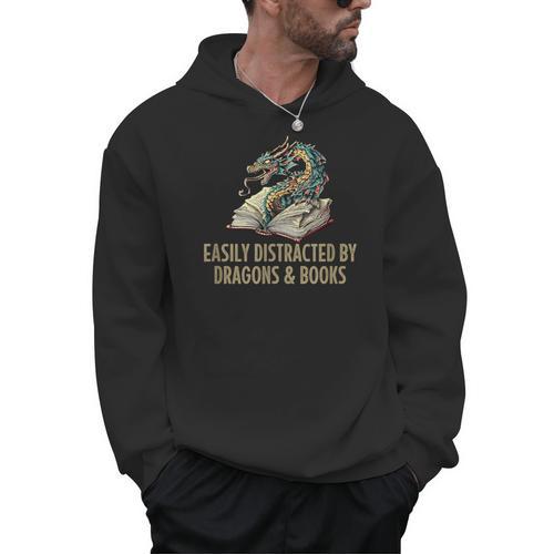 Easily Distracted By Dragons & Books Vintage Style Men Hoodie - Bookorys AU