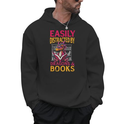 Easily Distracted By Dragons And Books Booknerd Dragon Lover Men Hoodie - Bookorys