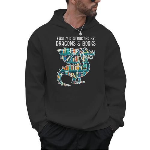 Easily Distracted By Dragons Books Bookworm Men Hoodie - Bookorys UK