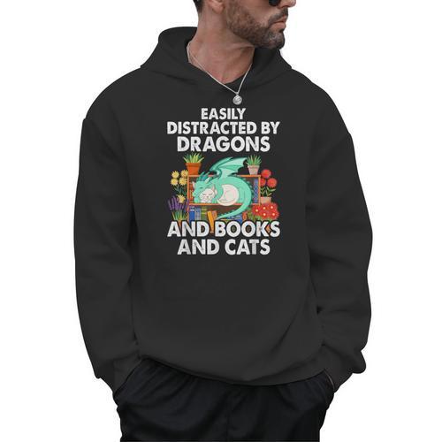 Easily Distracted By Dragons Books Cats Fantasy Book Lover Men Hoodie - Bookorys CA