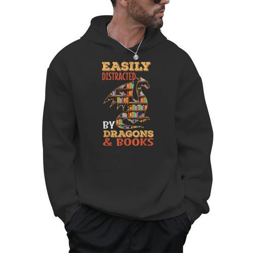 Easily Distracted By Dragons And Books Dragon Lover Mythical Men Hoodie - Bookorys