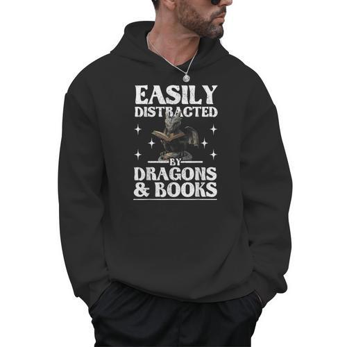 Easily Distracted By Dragons And Books Fantasy Book Lover Men Hoodie - Bookorys CA