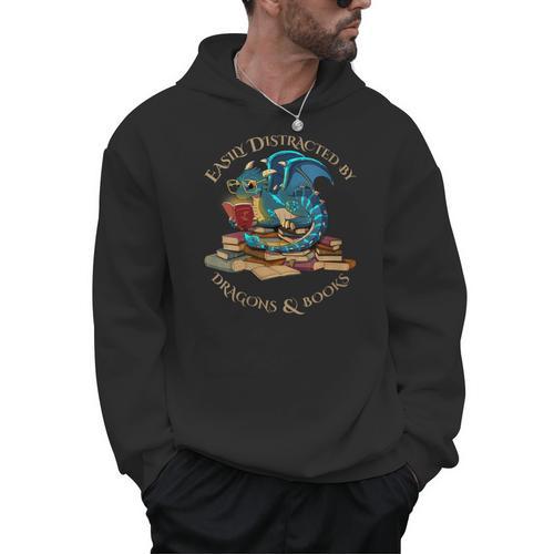 Easily Distracted By Dragons And Books Nerd Dragon Men Hoodie - Bookorys