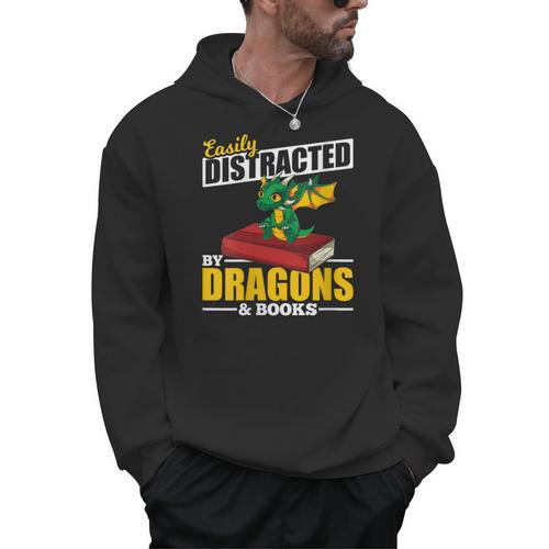 Easily Distracted By Dragons And Books Reading Book Dragon Men Hoodie - Bookorys