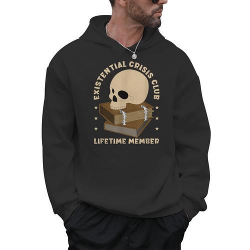 Existential Crisis Club Lifetime Member Skull Books Sarcasm Men Hoodie - Bookorys