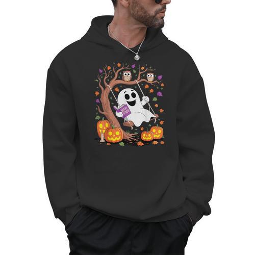 Ghost Reading Book On Swing Halloween Autumn Art Men Hoodie - Bookorys DE