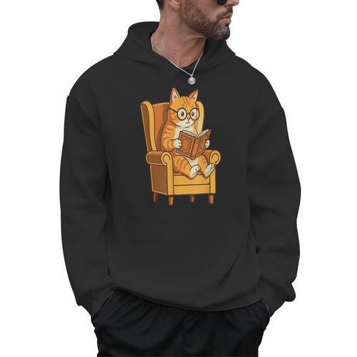 Ginger Tabby Cat Reading Book Glasses Retro Illustration Men Hoodie - Bookorys