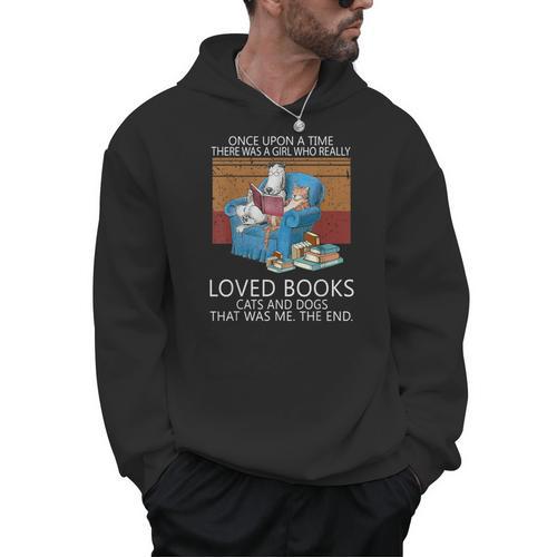 A Girl Who Loves Books Cats And Dogs Cat Book Reading Men Hoodie - Bookorys