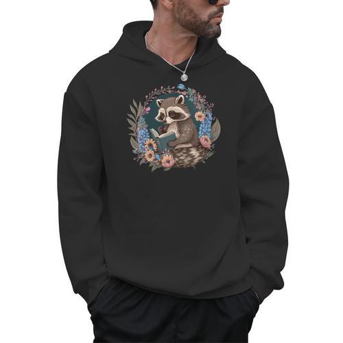 Girls Cottagecore Aesthetic Floral Raccoon Reading a Book Men Hoodie - Bookorys UK