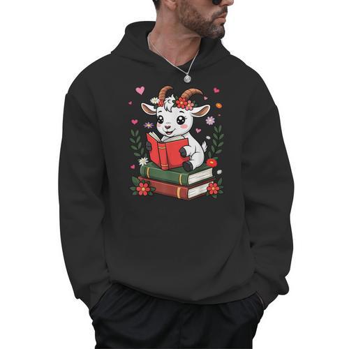 Goat Reading Book Graphic With Floral Men Hoodie - Bookorys UK