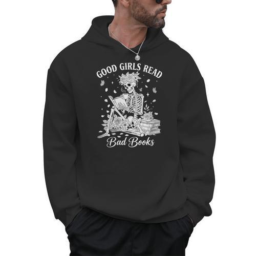 Good Girls Read Bad Books Skeleton Reading Book Halloween Men Hoodie - Bookorys CA