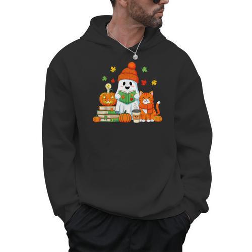 Halloween Ghost Cat Reading Book Women Girls Cute Men Hoodie - Bookorys