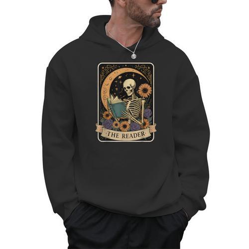 Halloween Tarot Card The Reader Skeleton Reading Books Men Hoodie - Bookorys