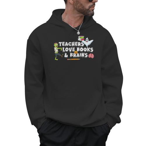 Halloween Teacher Love Books And Brains Teacher Halloween For Men Women Kids Men Hoodie - Bookorys CA