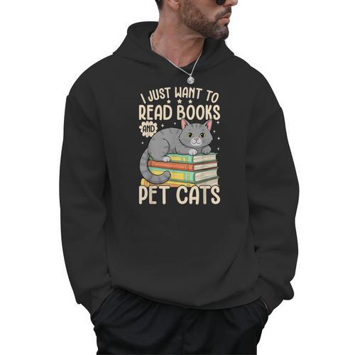 I Just Want To Read Books And Pet Cats Cat Reading Men Hoodie - Bookorys