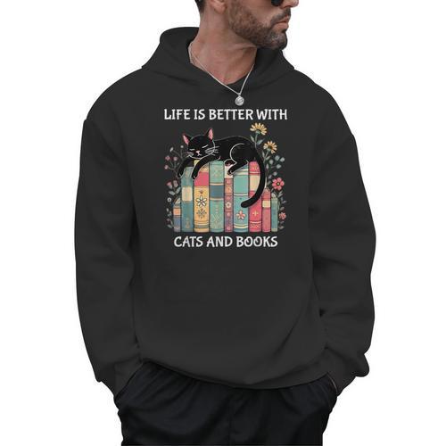 Life Is Better With Cats And Books Cute Cat Lover Men Hoodie - Bookorys