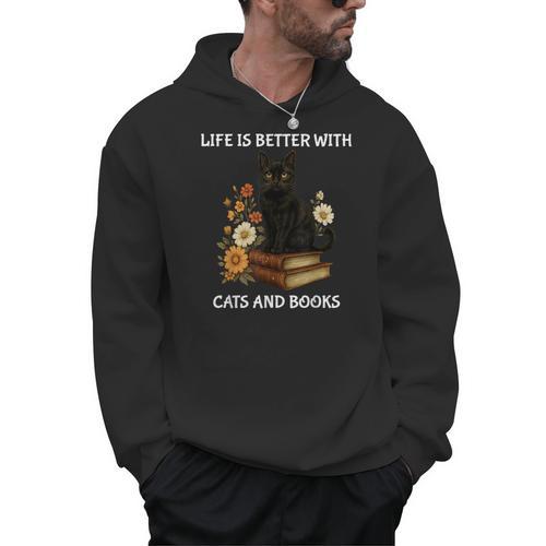 Life Is Better With Cats And Books Cute Cat Lover For Men Women Kids Men Hoodie - Bookorys AU