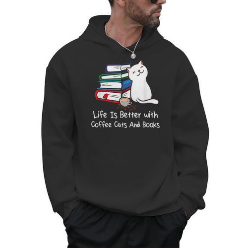 Life Is Better With Coffee Cats And Books Book Lover Men Hoodie - Bookorys