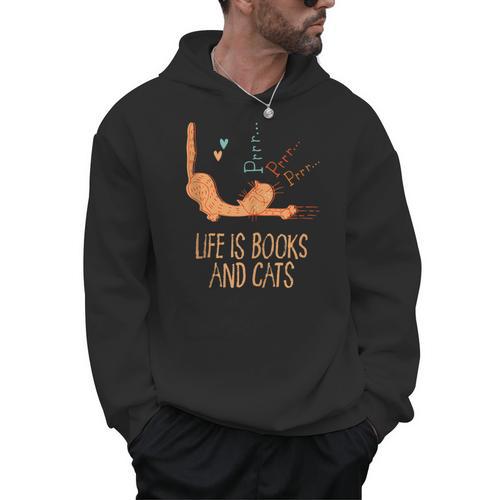 Life Is Books And Cats Book Lover Cat Mom Bookworm Cat Dad Men Hoodie - Bookorys