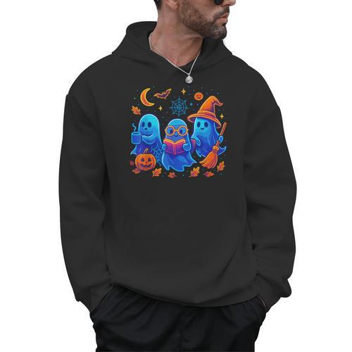 Little Ghost Coffee Tee Spooky Season Ghost Reading Book Men Hoodie - Bookorys