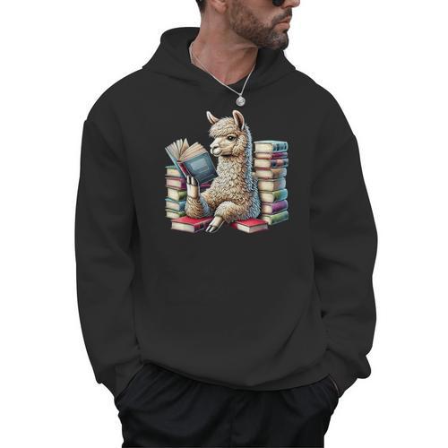 Llama Reading Book Reader Bookworm Alpaca Lover Men Hoodie - Bookorys UK