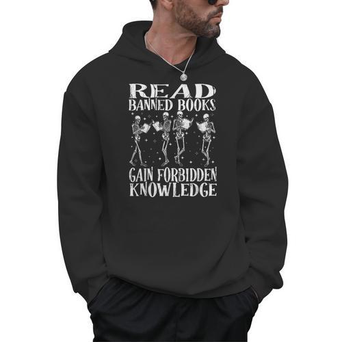 Read Banned Book Lover Skeleton Reading Librarian Halloween Men Hoodie - Bookorys CA