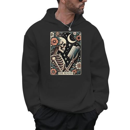 The Reader Tarot Card Skeleton Reading Book Bookworm Bookish Men Hoodie - Bookorys