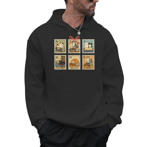 Reading Book Lover Bookish Cat Mom Cat Reading Books Stamps Men Hoodie - Bookorys