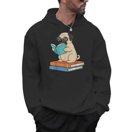 Reading Pug Bookworm Cute Pug With Glasses Books Men Hoodie - Bookorys