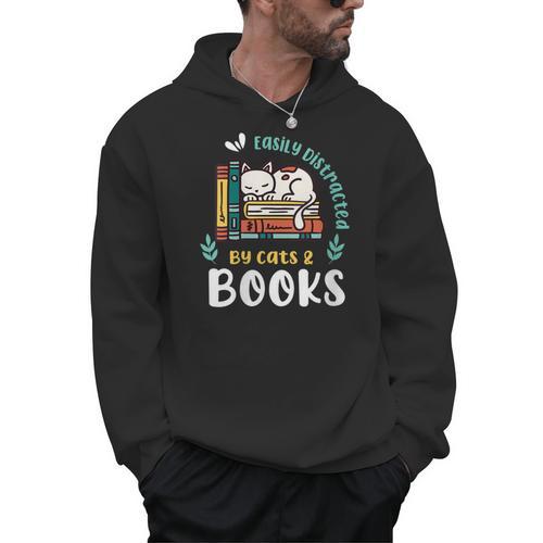 Saying About Books Easily Distracted By Cats And Books Men Hoodie - Bookorys