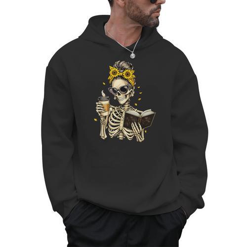 Skeleton Girl Drinking Coffee Bow Sunflower Book Lover Men Hoodie - Bookorys CA