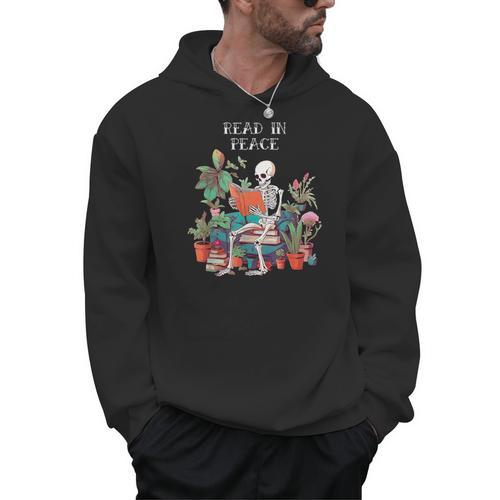 Skeleton Read In Peace Books And Plants Lover Bookworm Men Hoodie - Bookorys