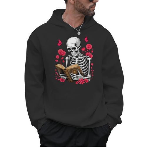 Skeleton Reading Book Lover Floral Flowers Bookish Bookworm Men Hoodie - Bookorys