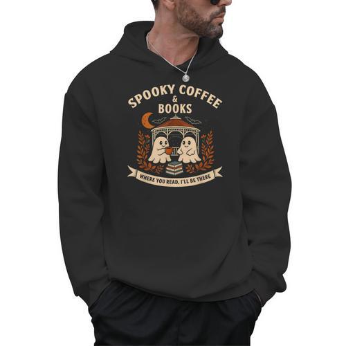 Spooky Coffee & Books Ghost Autumn Reading Men Hoodie - Bookorys