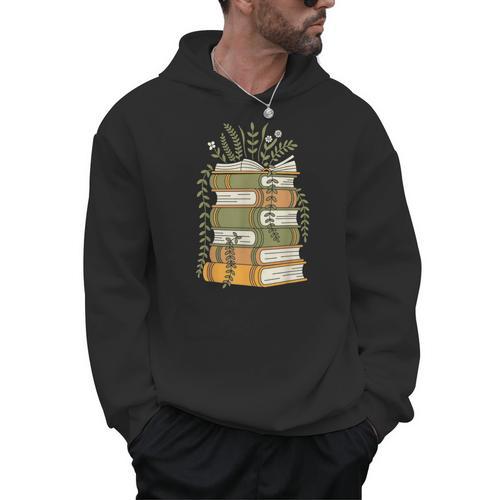 Stacked Books Botanical Vines Cottagecore Illustration Men Hoodie - Bookorys