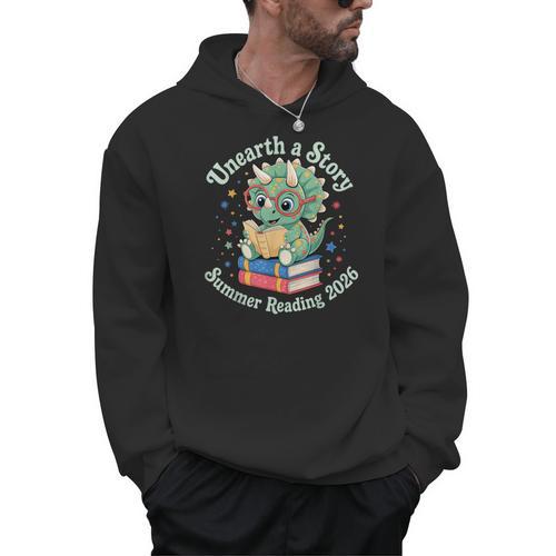 Unearth a Story Summer Reading 2026 Cute Dinosaur Book Lover Men Hoodie - Bookorys UK