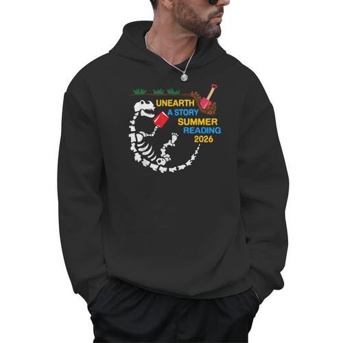 Unearth a Story T-Rex Reading a Book Summer Reading 2026 Men Hoodie - Bookorys AU