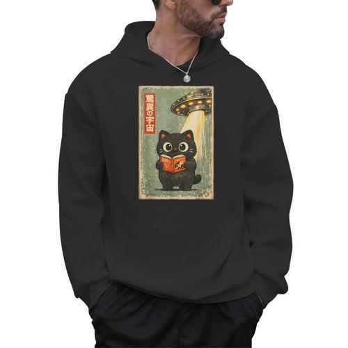 Vintage Japanese Cat Book Lovers UFO Alien Abduction Cat Dad Men Hoodie - Bookorys AU