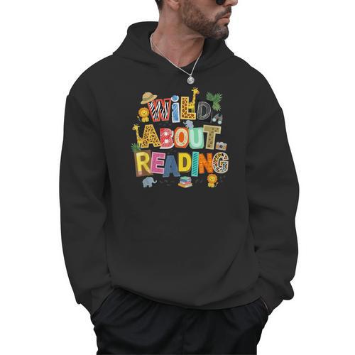 Wild About Reading Safari Animals Book Lover Teacher Student Men Hoodie - Bookorys UK