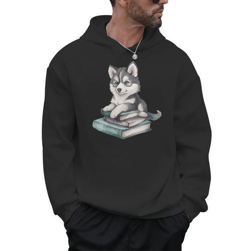 Women's Adorable Watercolor Husky Puppy Dog Reading Books Men Hoodie - Bookorys AU