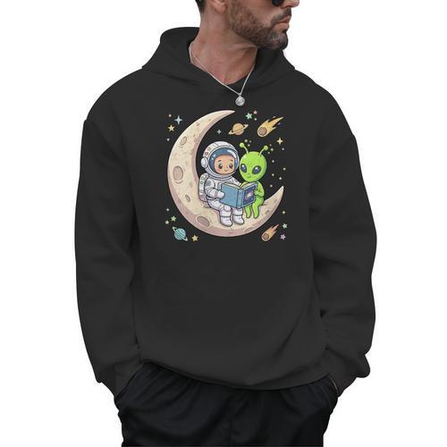 Women's Astronaut Reading Book With Alien Moon Space Astronomy Men Hoodie - Bookorys