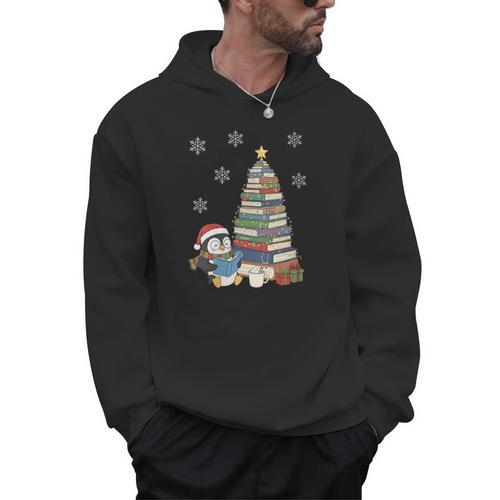 Women's Book Lovers Christmas Tree Reading Penguin Holiday Bookworm Men Hoodie - Bookorys UK