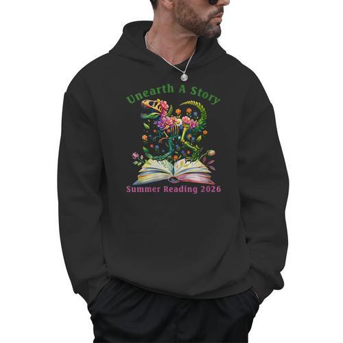 Women's Unearth A Story Summer Reading 2026 Dinosaur Book Floral Men Hoodie - Bookorys CA