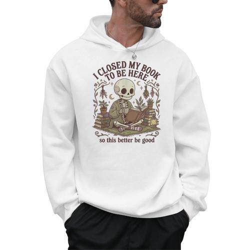I Closed My Book To Be Here Cottagecore Skeleton Cute Reader Men Hoodie - Bookorys