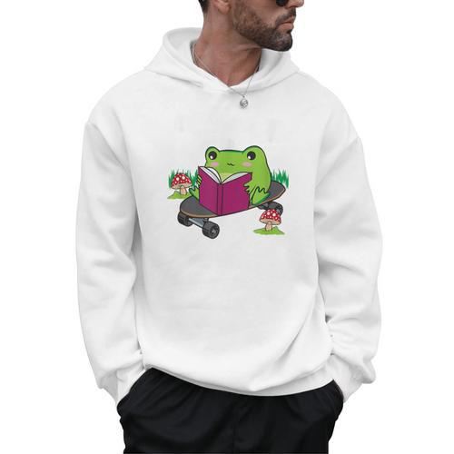 Cottagecore Aesthetic Cute Skateboarding Frog Reading Book Men Hoodie - Bookorys CA
