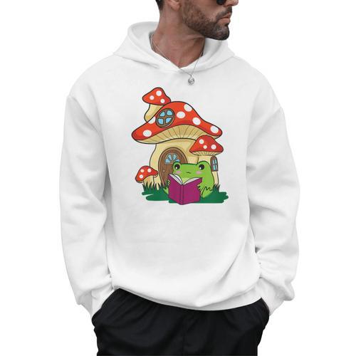 Cottagecore Aesthetic Kawaii Frog Reading A Book Mushroom Men Hoodie - Bookorys