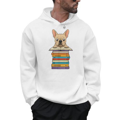 Cute French Bulldog Reading On Pile Of Books Men Hoodie - Bookorys