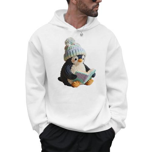 Cute Penguin Reading Book Faux-Crochet Print Men Hoodie - Bookorys DE