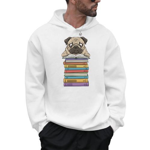 Cute Pug Dog Reading Book On Pile Of Books Men Hoodie - Bookorys