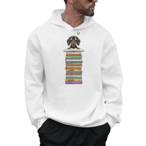 Cute Wiener Dog Dachshund Reading On Pile Of Books Men Hoodie - Bookorys AU